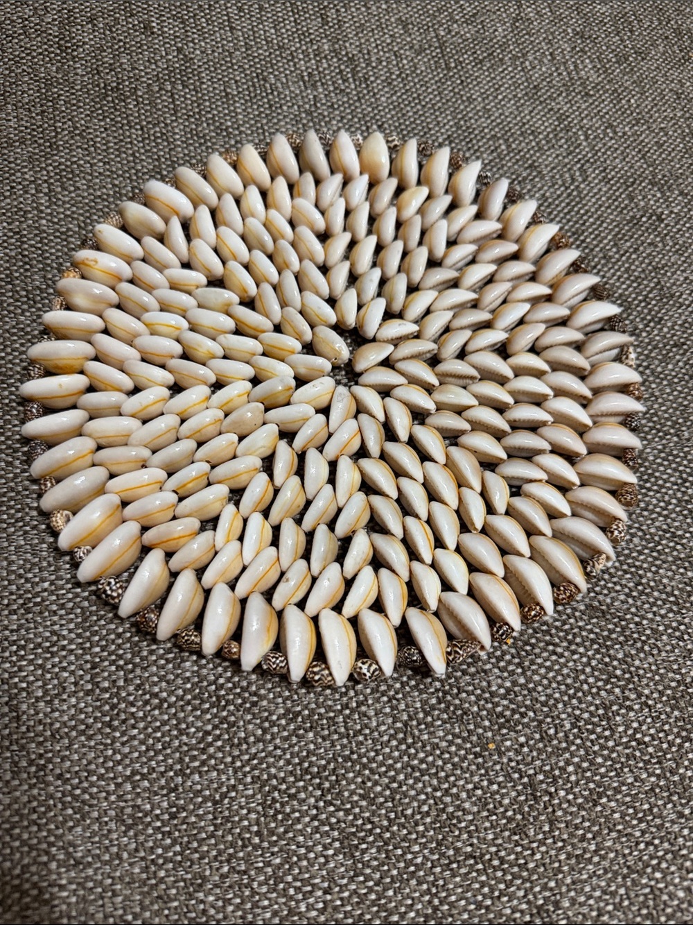 Vintage Handmade Cowrie Seashell coaster, Plant base, trivet, wall decor 8”